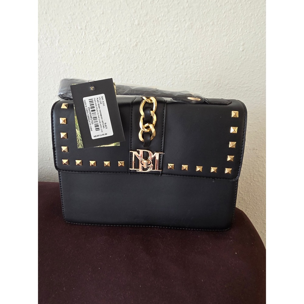 Badgley Mischka Black Vegan Leather Studded Crossbody Bag BM-4182 New